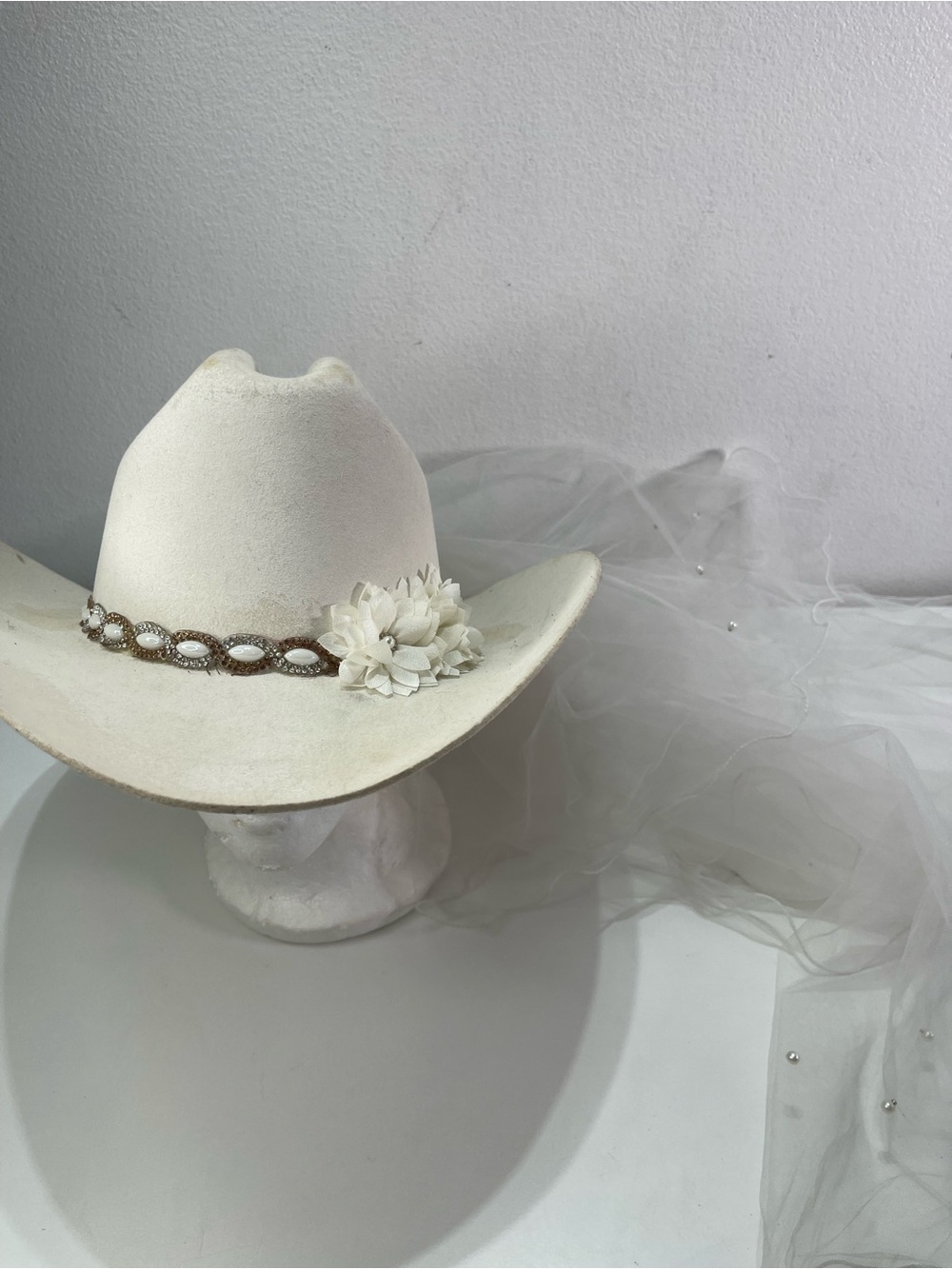 50X Western Cowgirl Hat Rhinestone White Bride Veil Wedding Wool Texana Jewels